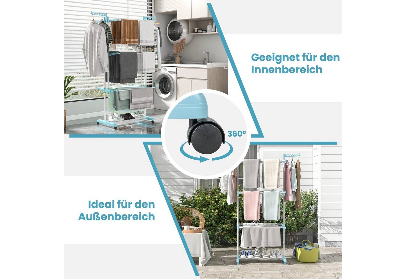 COSTWAY Turmwäscheständer, klappbar, platzsparend, mit Rollen, ausziehbar, 127cm – Bild 4 von 5