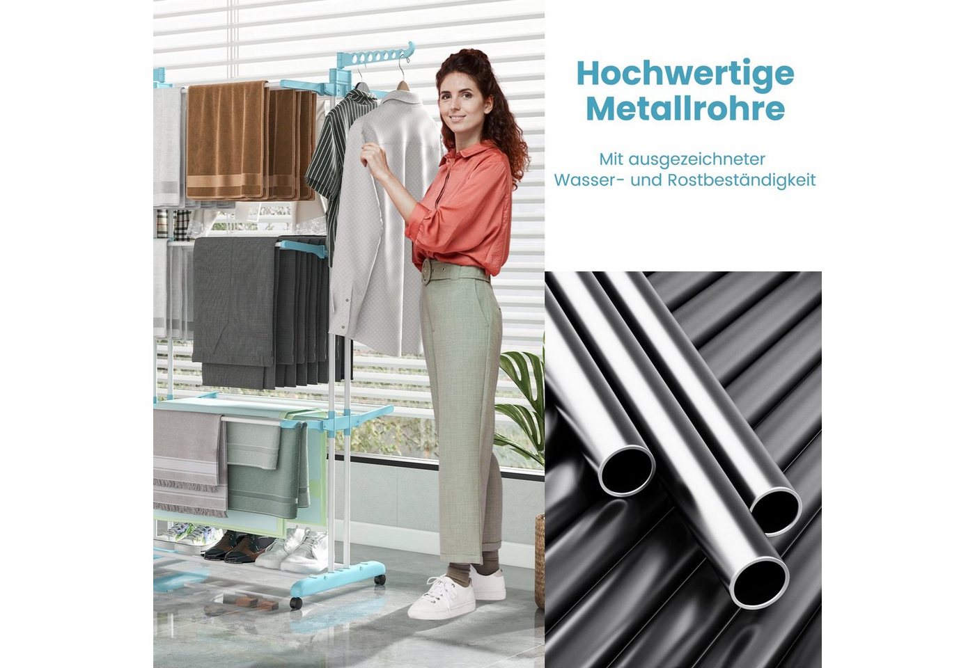 COSTWAY Turmwäscheständer, klappbar, platzsparend, mit Rollen, ausziehbar, 127cm – Bild 5 von 5