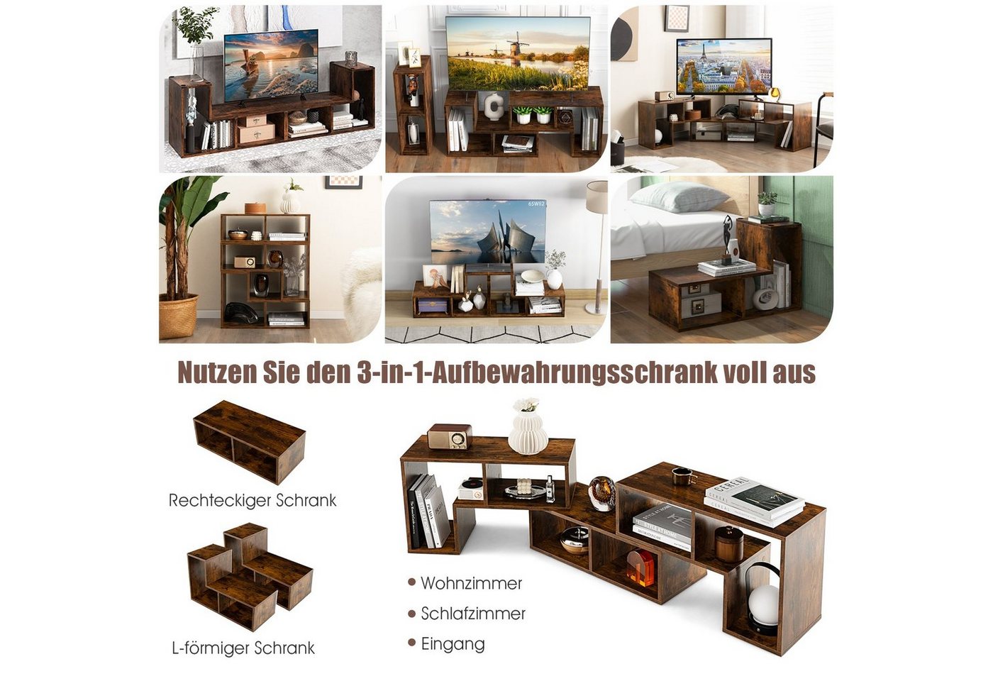COSTWAY TV-Schrank Eckregal 3-teilig, ausziehbar, frei Kombinierbar – Bild 2 von 5