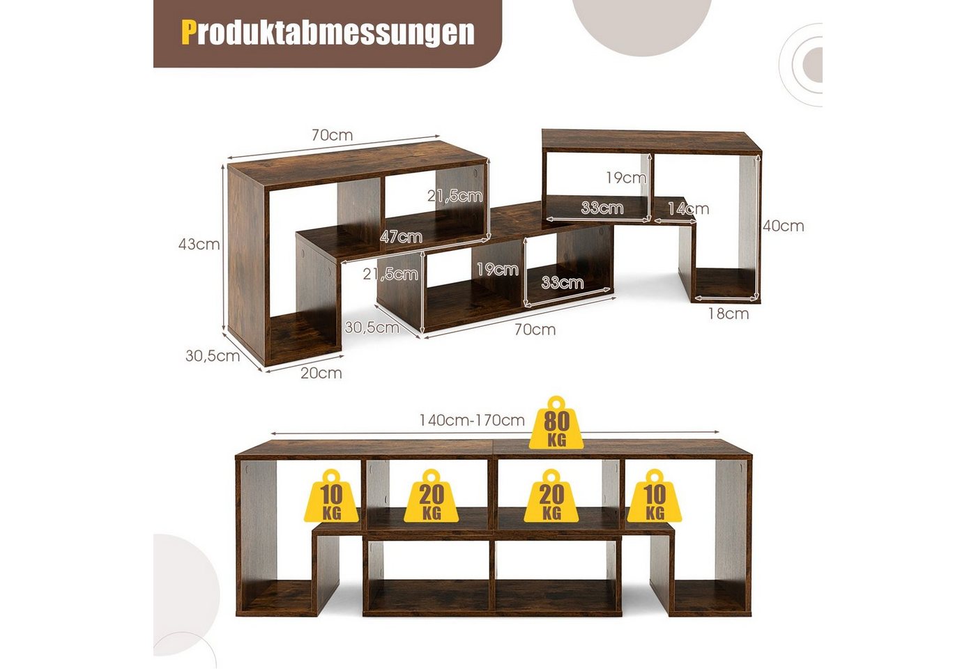 COSTWAY TV-Schrank Eckregal 3-teilig, ausziehbar, frei Kombinierbar – Bild 5 von 5