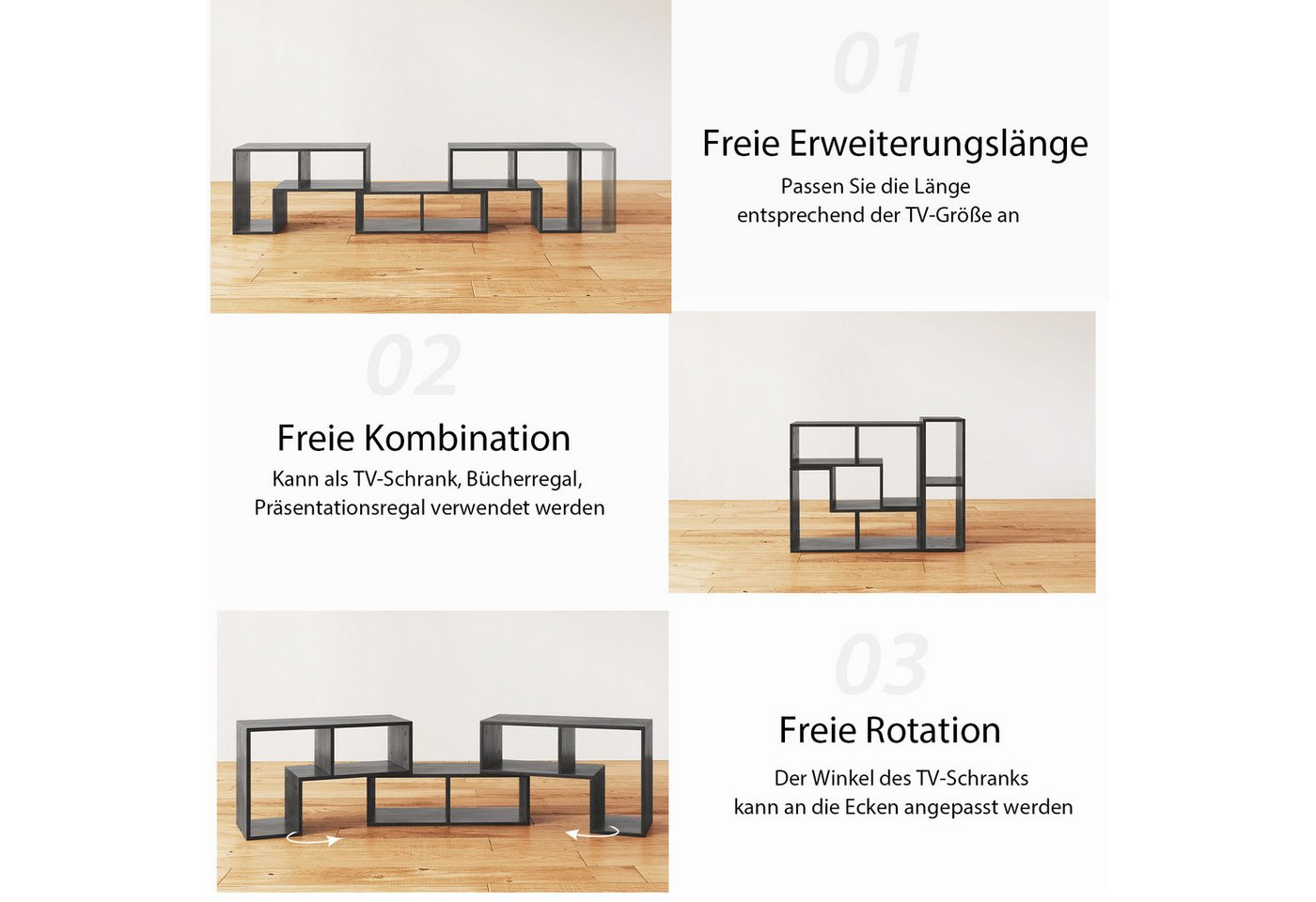 COSTWAY TV-Schrank Eckregal 3-teilig, ausziehbar, frei Kombinierbar – Bild 3 von 5