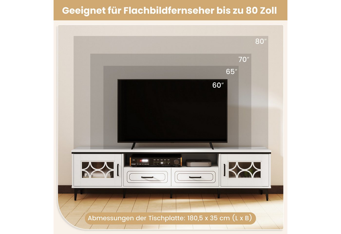 COSTWAY TV-Schrank Holz, Lowboard mit 2 Schublade & Stauraum, 180,5cm – Bild 4 von 5