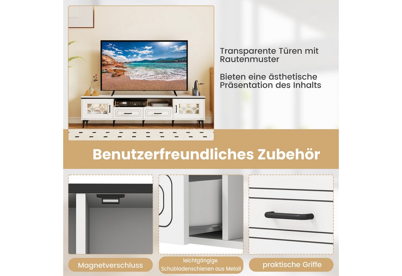 COSTWAY TV-Schrank Holz, Lowboard mit 2 Schublade & Stauraum, 180,5cm – Bild 5 von 5