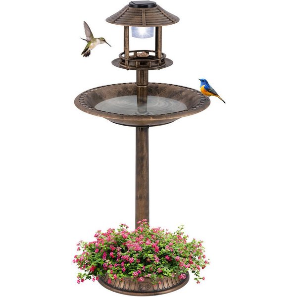 COSTWAY Vogeltränke, Vogelbad, Futterspender, mit Blumentopf, Ständer