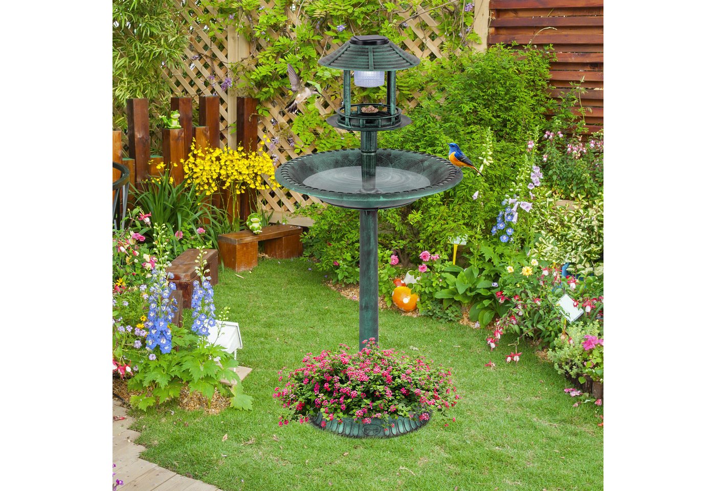 COSTWAY Vogeltränke, Vogelbad, Futterspender, mit Blumentopf, Ständer – Bild 2 von 5