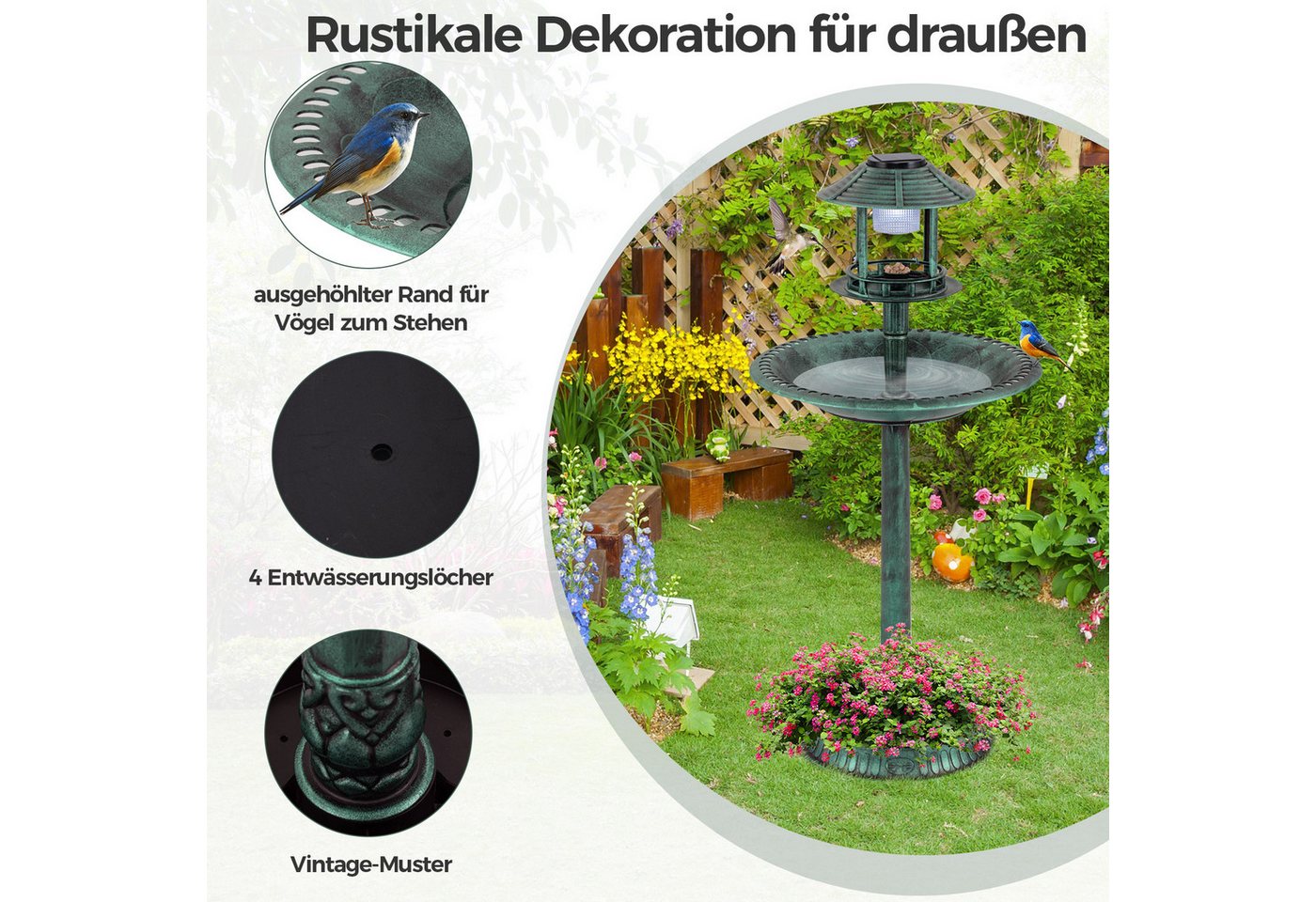COSTWAY Vogeltränke, Vogelbad, Futterspender, mit Blumentopf, Ständer – Bild 5 von 5