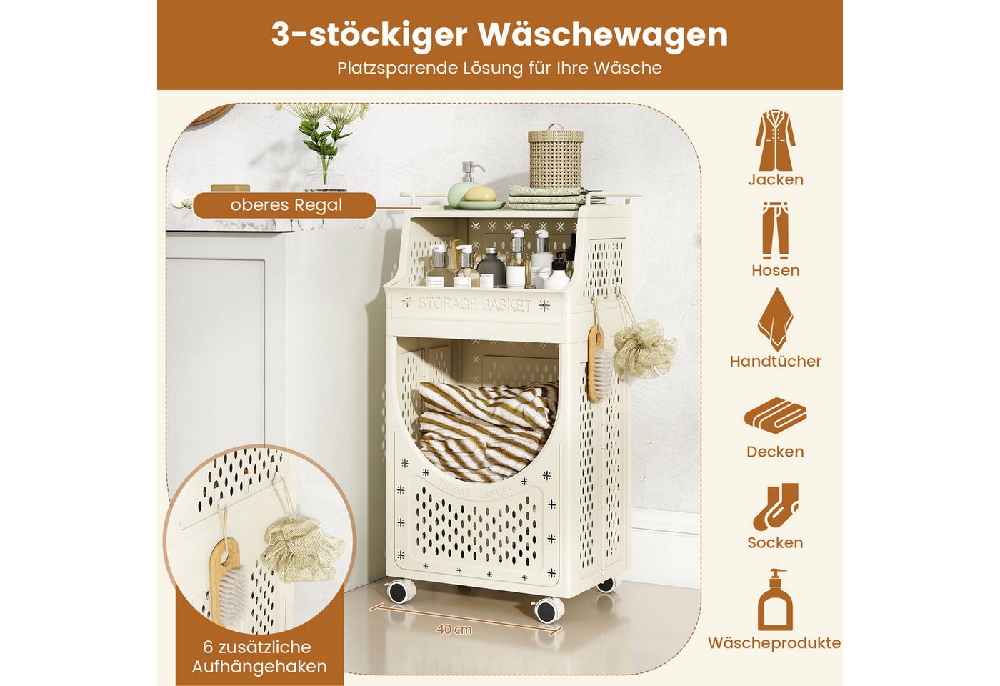 COSTWAY Wäschekorb, 3 Etagen Wäschekorbwagen mit 40L Wäschekorb, faltbar – Bild 3 von 5