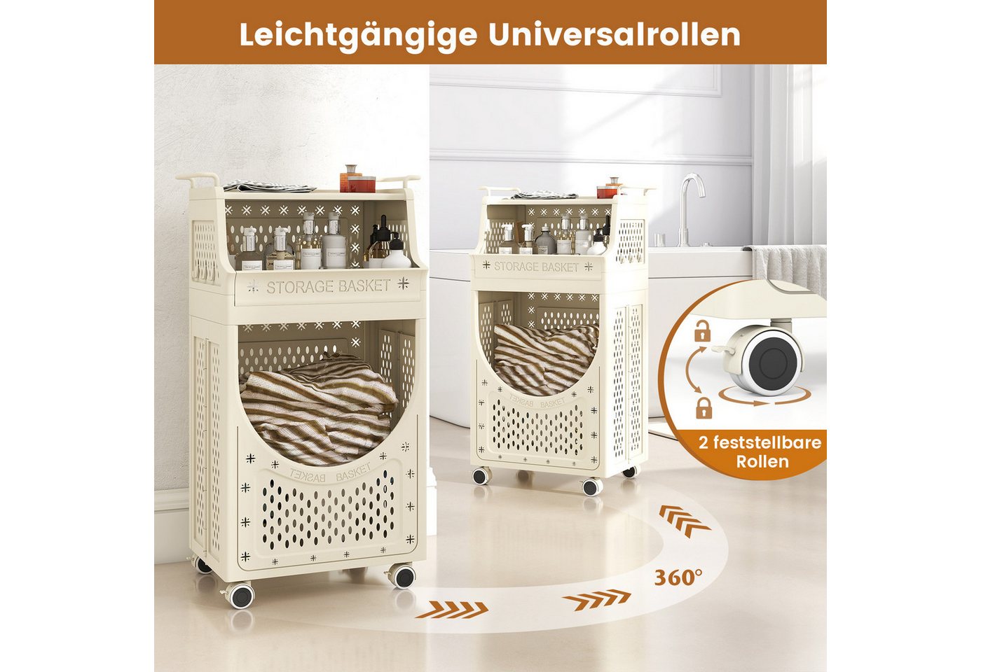 COSTWAY Wäschekorb, 3 Etagen Wäschekorbwagen mit 40L Wäschekorb, faltbar – Bild 5 von 5
