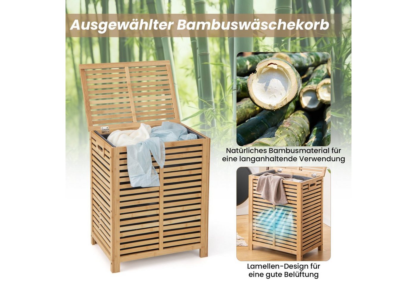 COSTWAY Wäschekorb, Bambus, 80L, mit Deckel & ausnehmbarem Wäschesack, Natur – Bild 3 von 5