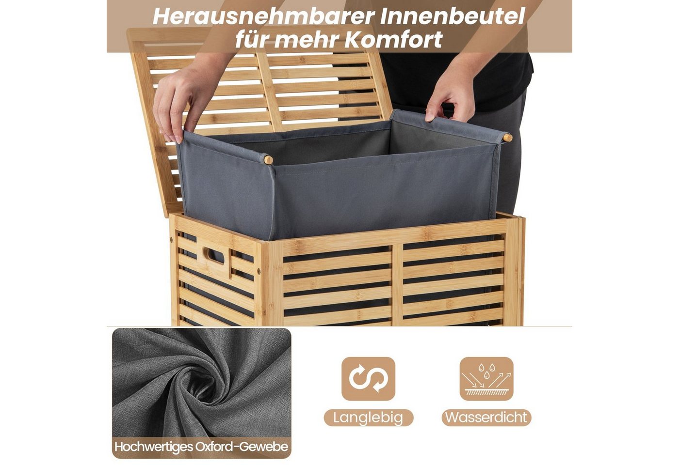 COSTWAY Wäschekorb, Bambus, 80L, mit Deckel & ausnehmbarem Wäschesack, Natur – Bild 4 von 5