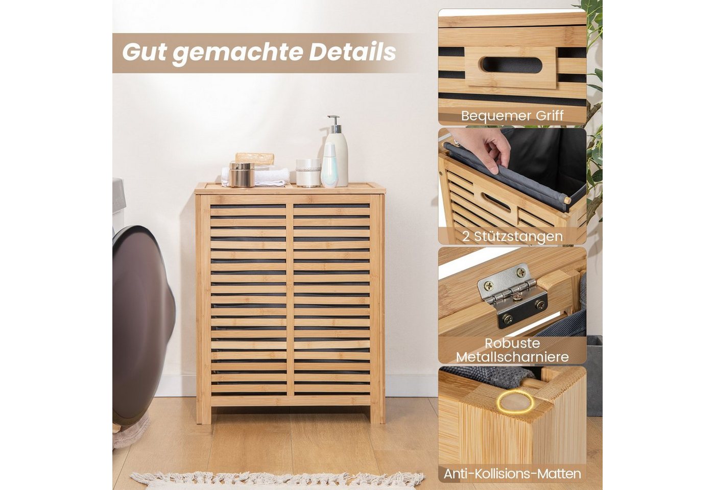 COSTWAY Wäschekorb, Bambus, 80L, mit Deckel & ausnehmbarem Wäschesack, Natur – Bild 5 von 5