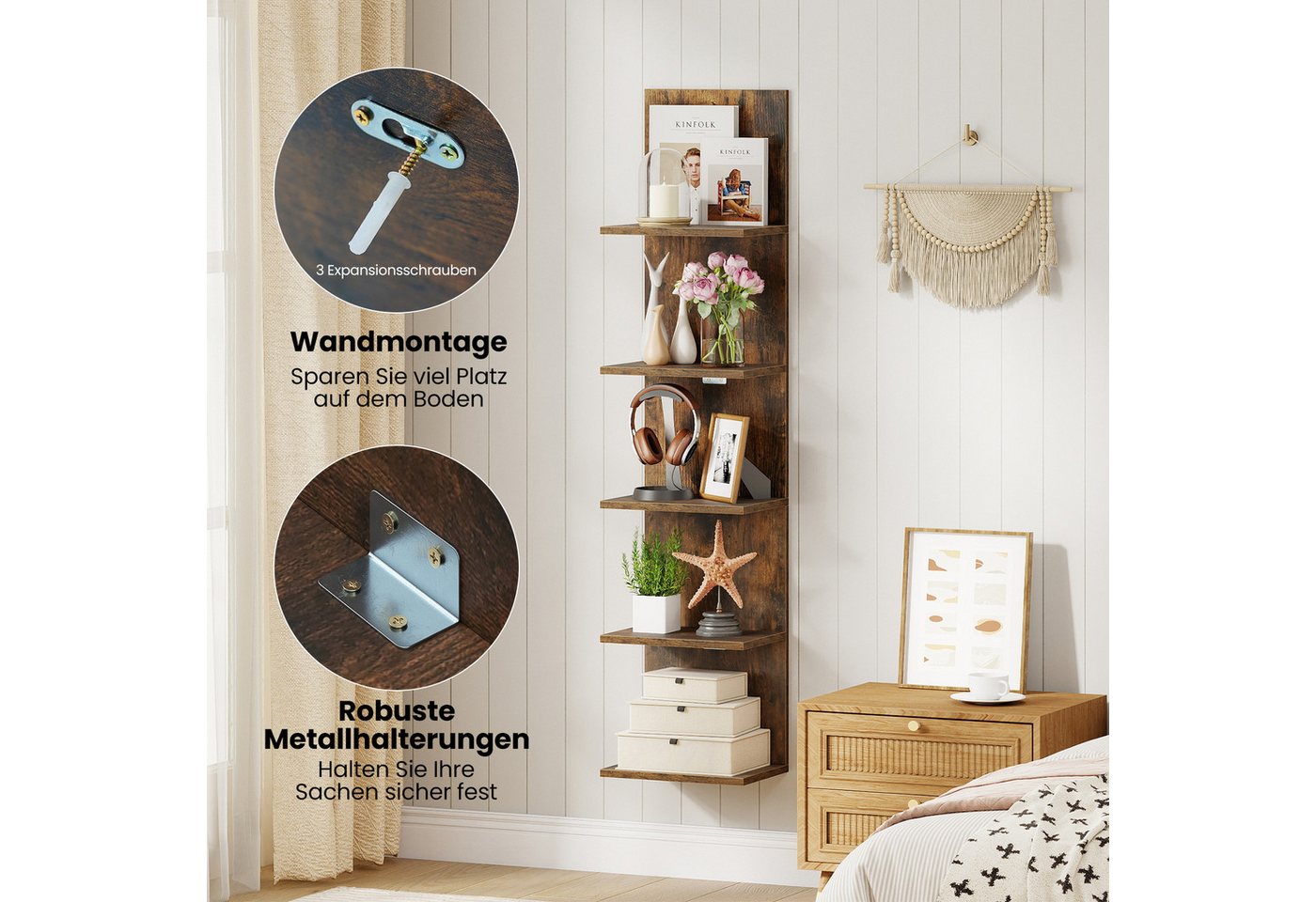 COSTWAY Wandregal, Holz Hängeregal vertikal Schweberegal Küche 30x21,5x129cm – Bild 4 von 5
