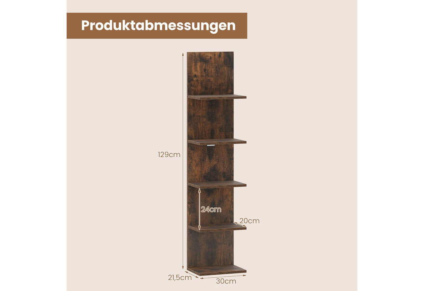 COSTWAY Wandregal, Holz Hängeregal vertikal Schweberegal Küche 30x21,5x129cm – Bild 5 von 5