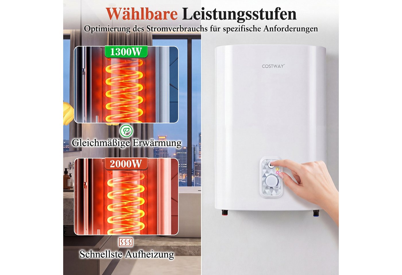 COSTWAY Wandspeicher, (max. 75°C), Warmwasserspeicher 25L mit Doppelbehälter – Bild 5 von 5