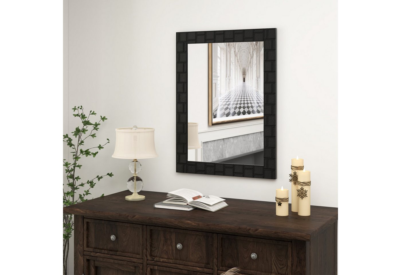 COSTWAY Wandspiegel, 80x60cm, mit Massivholzrahmen, Badspiegel rechteckig – Bild 2 von 5