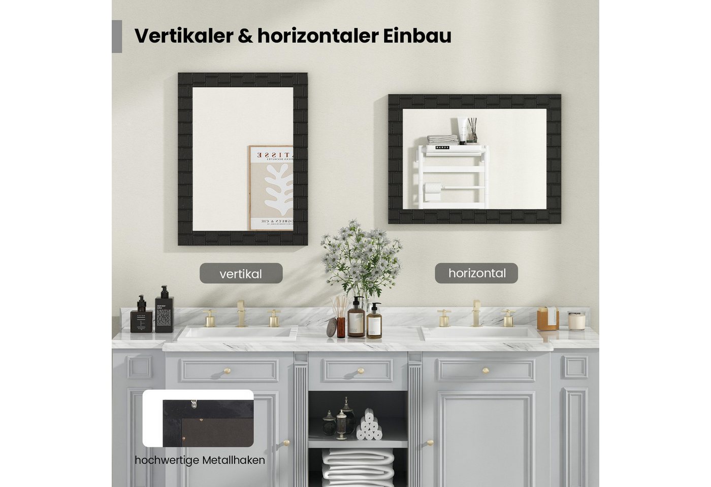 COSTWAY Wandspiegel, 80x60cm, mit Massivholzrahmen, Badspiegel rechteckig – Bild 3 von 5