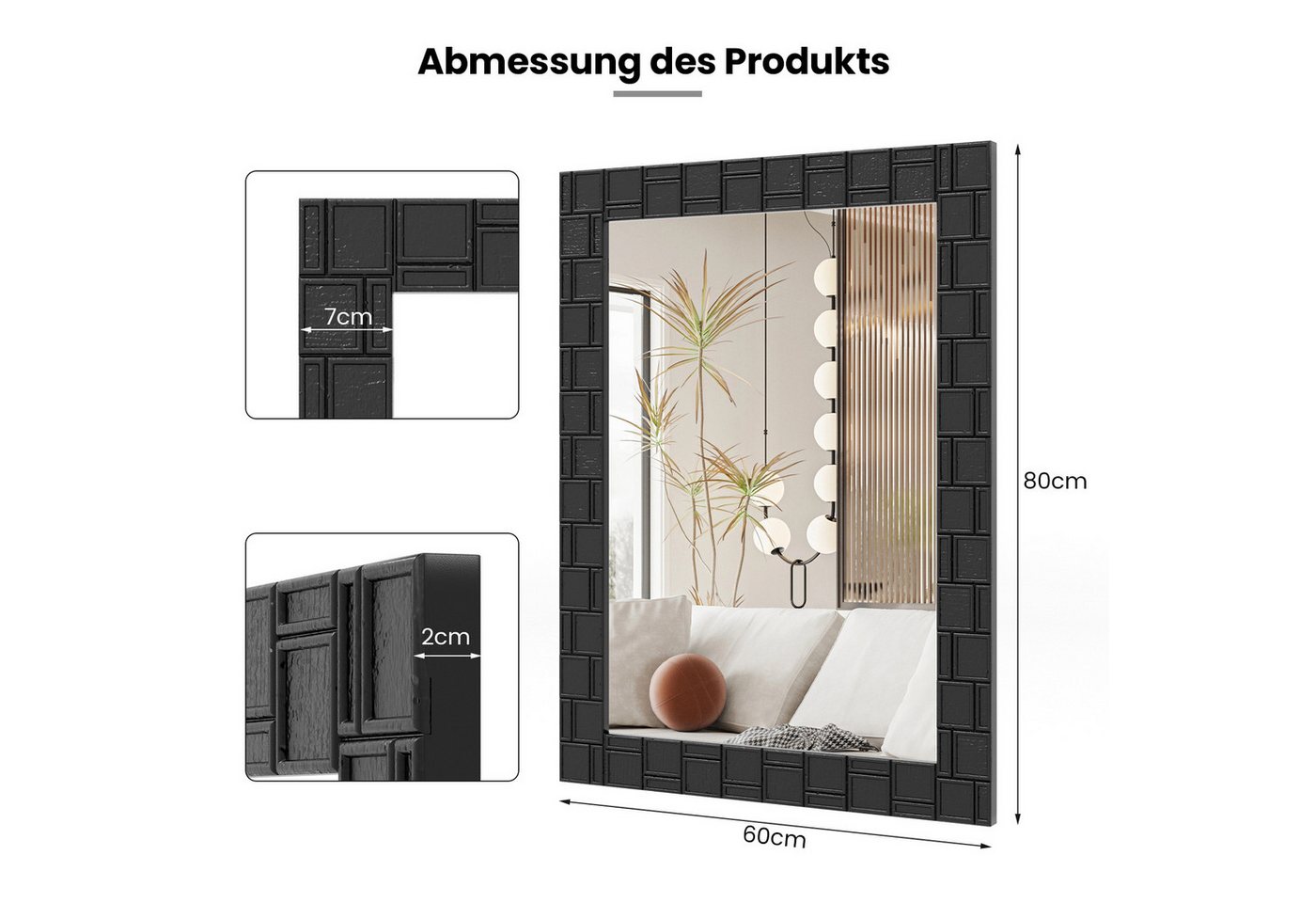 COSTWAY Wandspiegel, 80x60cm, mit Massivholzrahmen, Badspiegel rechteckig – Bild 5 von 5