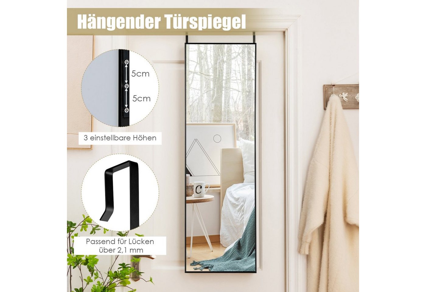 COSTWAY Wandspiegel, Ganzkörper, 37x120cm, höhenverstellbare Hängehaken, Alu – Bild 2 von 5