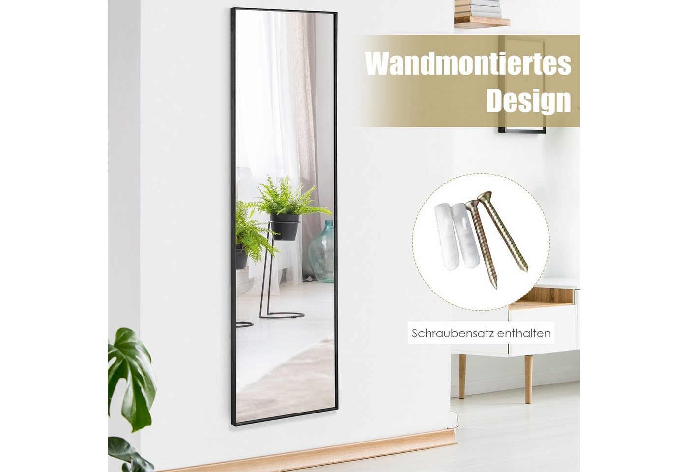 COSTWAY Wandspiegel, Ganzkörper, 37x120cm, höhenverstellbare Hängehaken, Alu – Bild 3 von 5