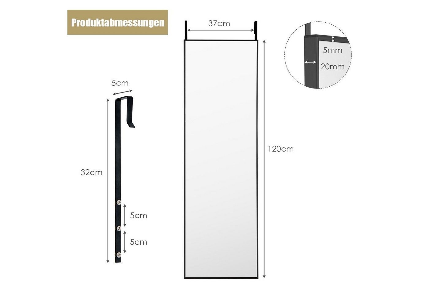COSTWAY Wandspiegel, Ganzkörper, 37x120cm, höhenverstellbare Hängehaken, Alu – Bild 5 von 5