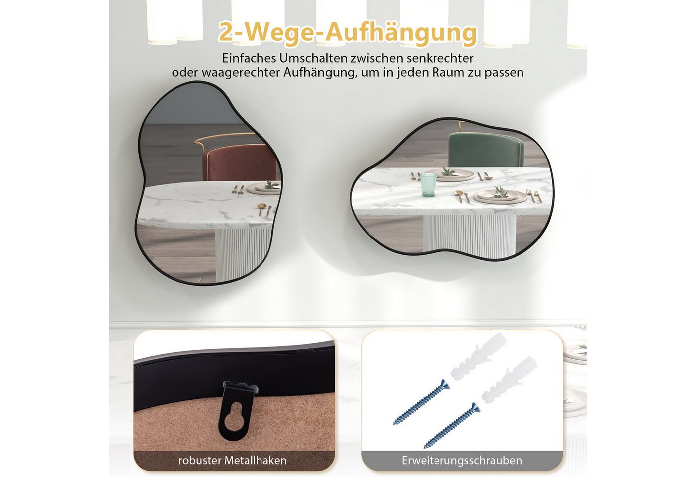 COSTWAY Wandspiegel, mit Metallrahmen & HD-Reflexion, asymmetrisch 78x56cm – Bild 4 von 5