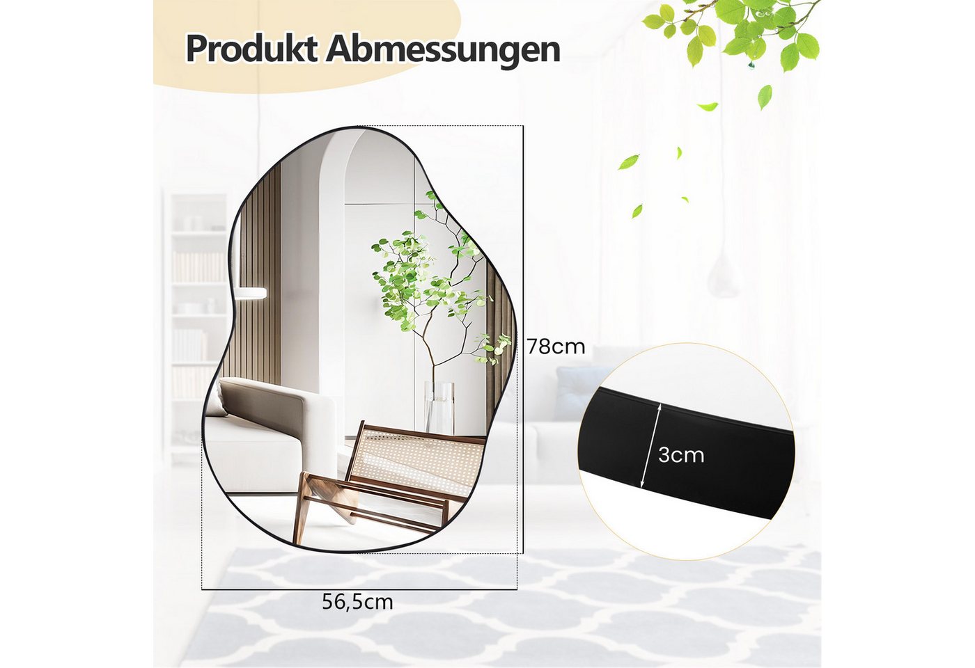 COSTWAY Wandspiegel, mit Metallrahmen & HD-Reflexion, asymmetrisch 78x56cm – Bild 5 von 5