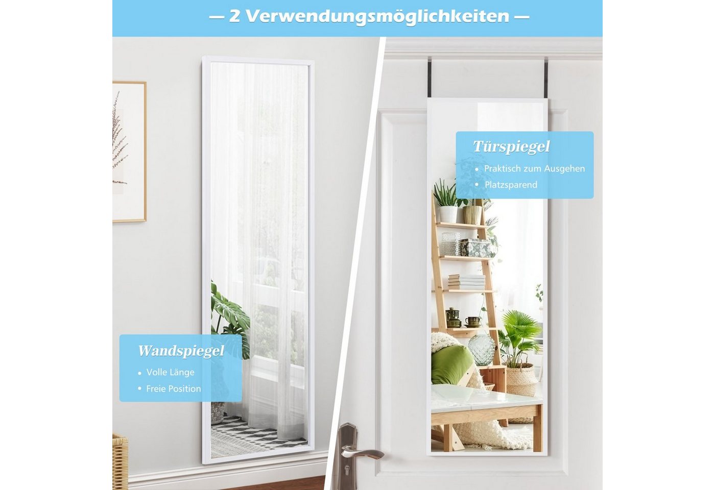 COSTWAY Wandspiegel, ganzkorper mit höhenverstellbaren Hängehaken, Flur – Bild 2 von 5
