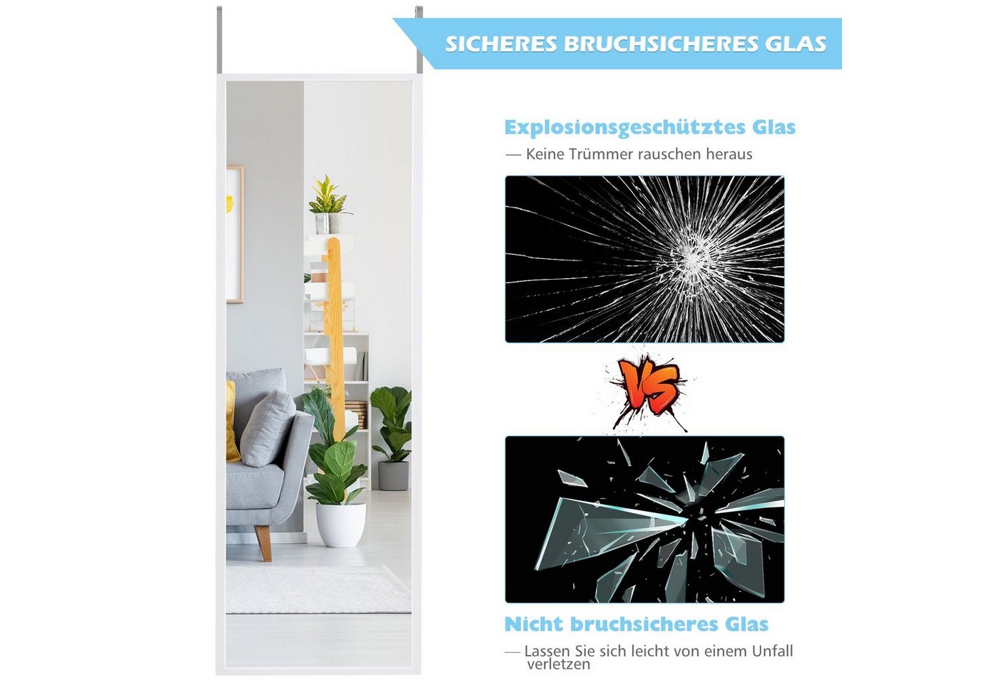 COSTWAY Wandspiegel, ganzkorper mit höhenverstellbaren Hängehaken, Flur – Bild 4 von 5