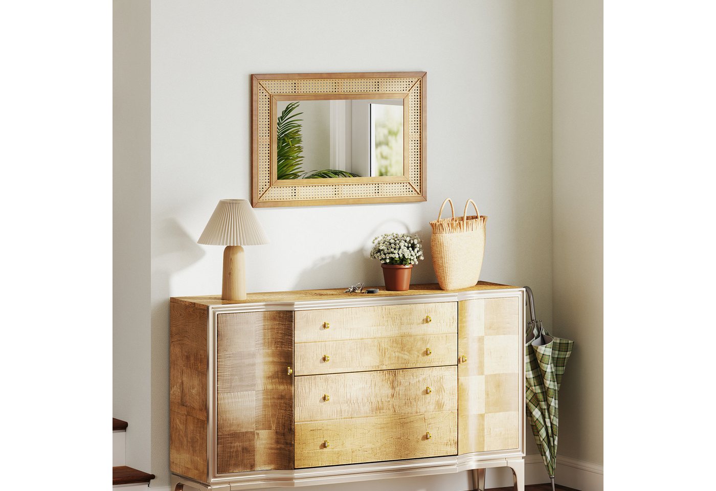 COSTWAY Wandspiegel, 90 x 60cm mit Holzrahmen & Haken, horizontal / vertikal – Bild 2 von 5