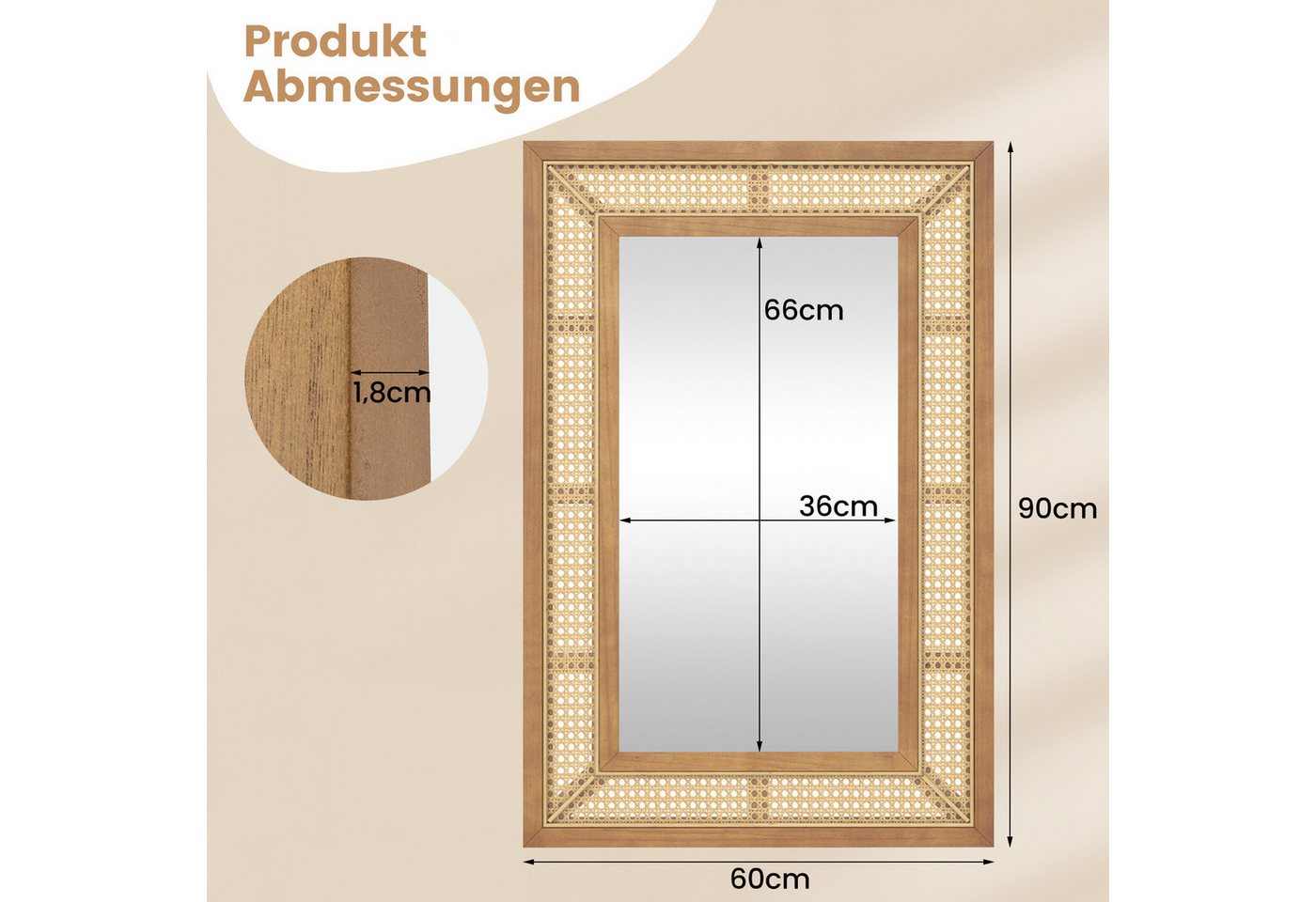 COSTWAY Wandspiegel, 90 x 60cm mit Holzrahmen & Haken, horizontal / vertikal – Bild 3 von 5