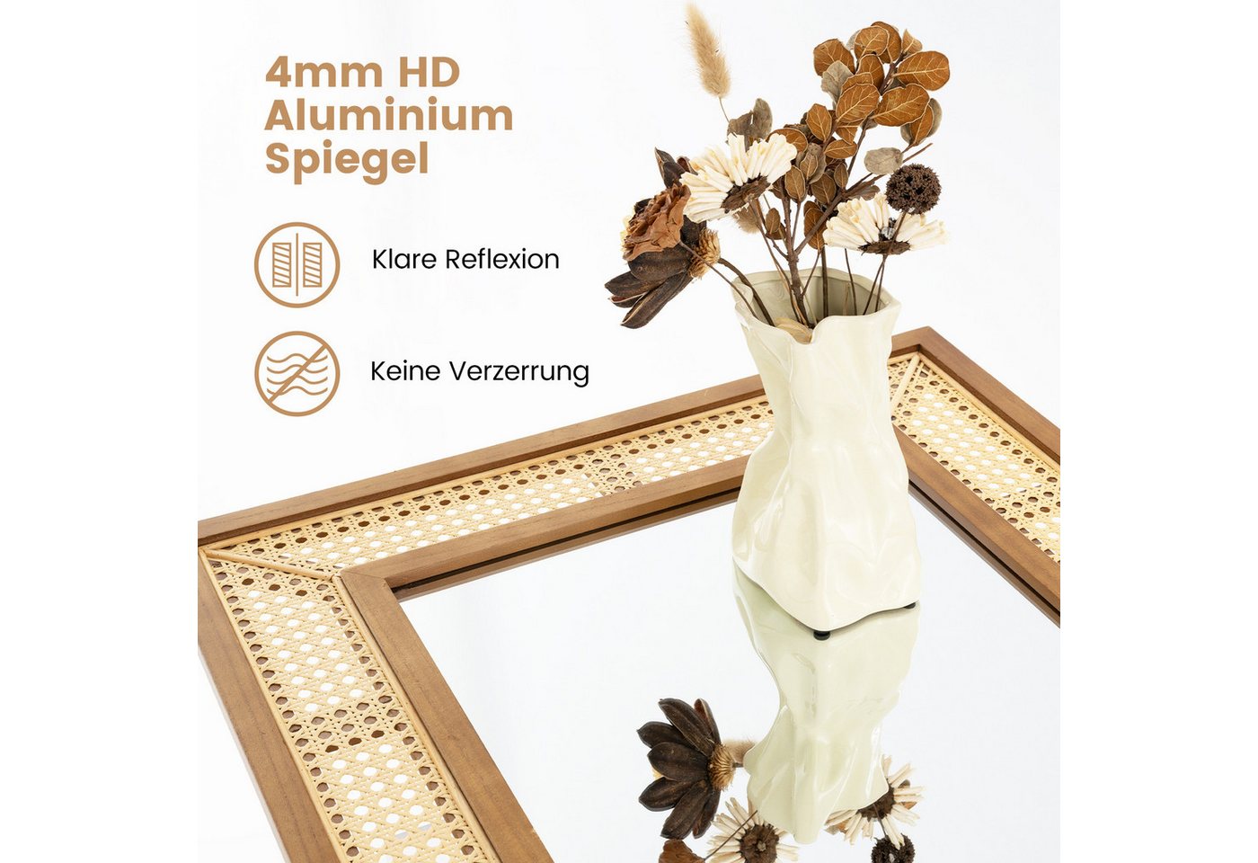 COSTWAY Wandspiegel, 90 x 60cm mit Holzrahmen & Haken, horizontal / vertikal – Bild 4 von 5