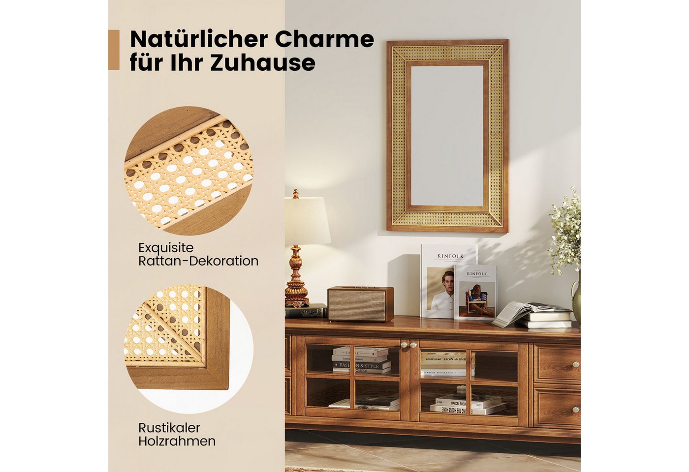 COSTWAY Wandspiegel, 90 x 60cm mit Holzrahmen & Haken, horizontal / vertikal – Bild 5 von 5