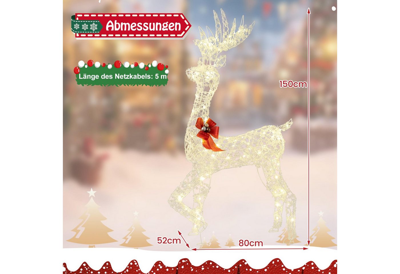 COSTWAY Weihnachtsfigur (1 St), LED Rentier, Weihnachtsdeko, 150cm hoch – Bild 3 von 5