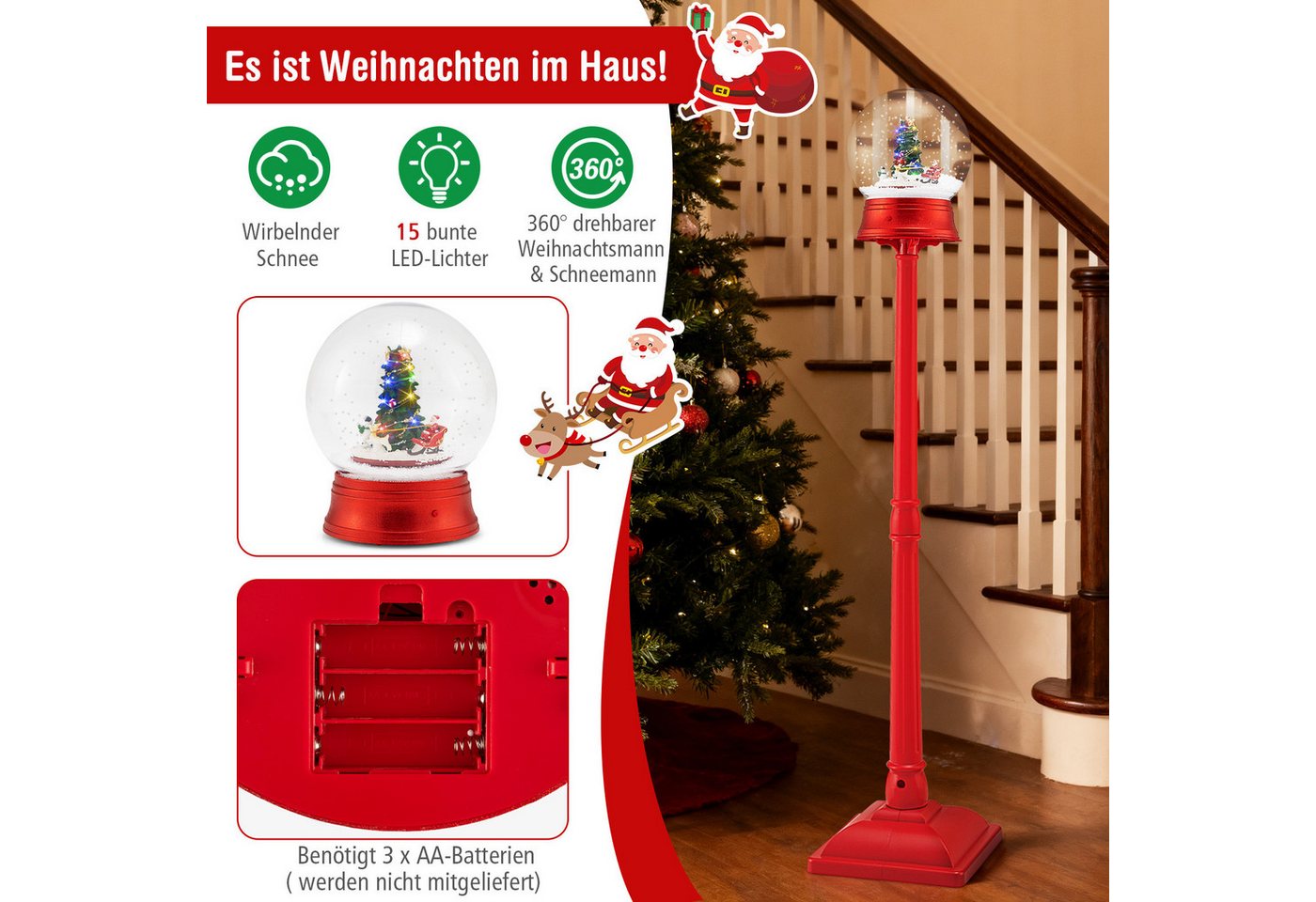 COSTWAY Weihnachtsfigur (1 St), Weihnachtslaterne, LED Weihnachtsdeko mit Musik, abnehmar – Bild 4 von 5