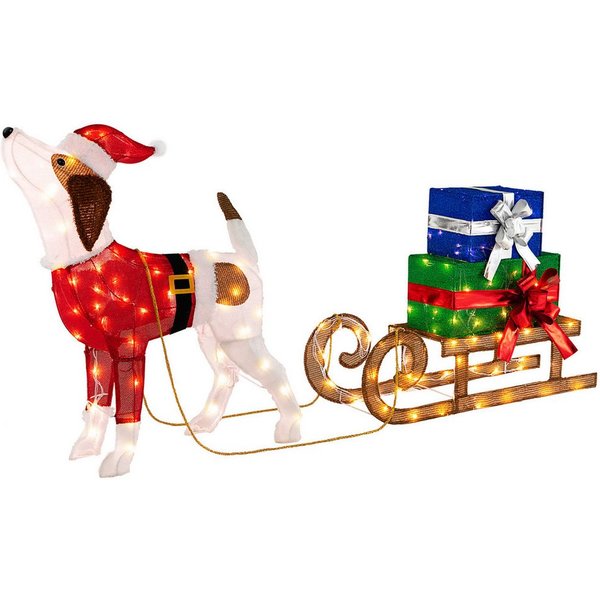 COSTWAY Weihnachtsfigur, mit Schlitten & Geschenkboxen, mit 170 LED-Lichtern