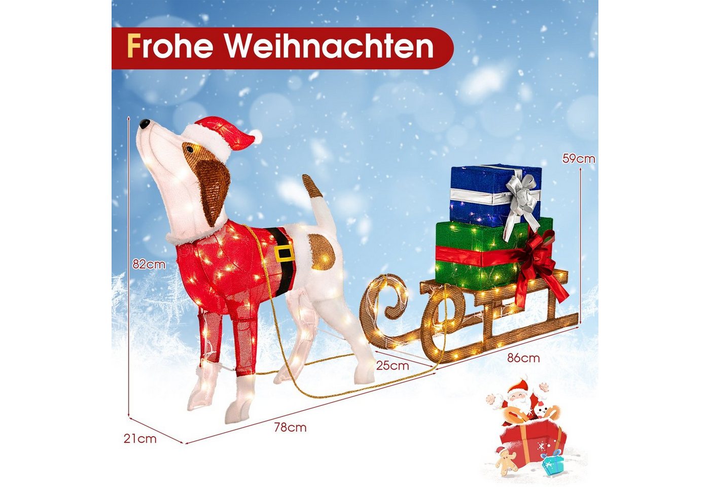 COSTWAY Weihnachtsfigur, mit Schlitten & Geschenkboxen, mit 170 LED-Lichtern – Bild 3 von 5