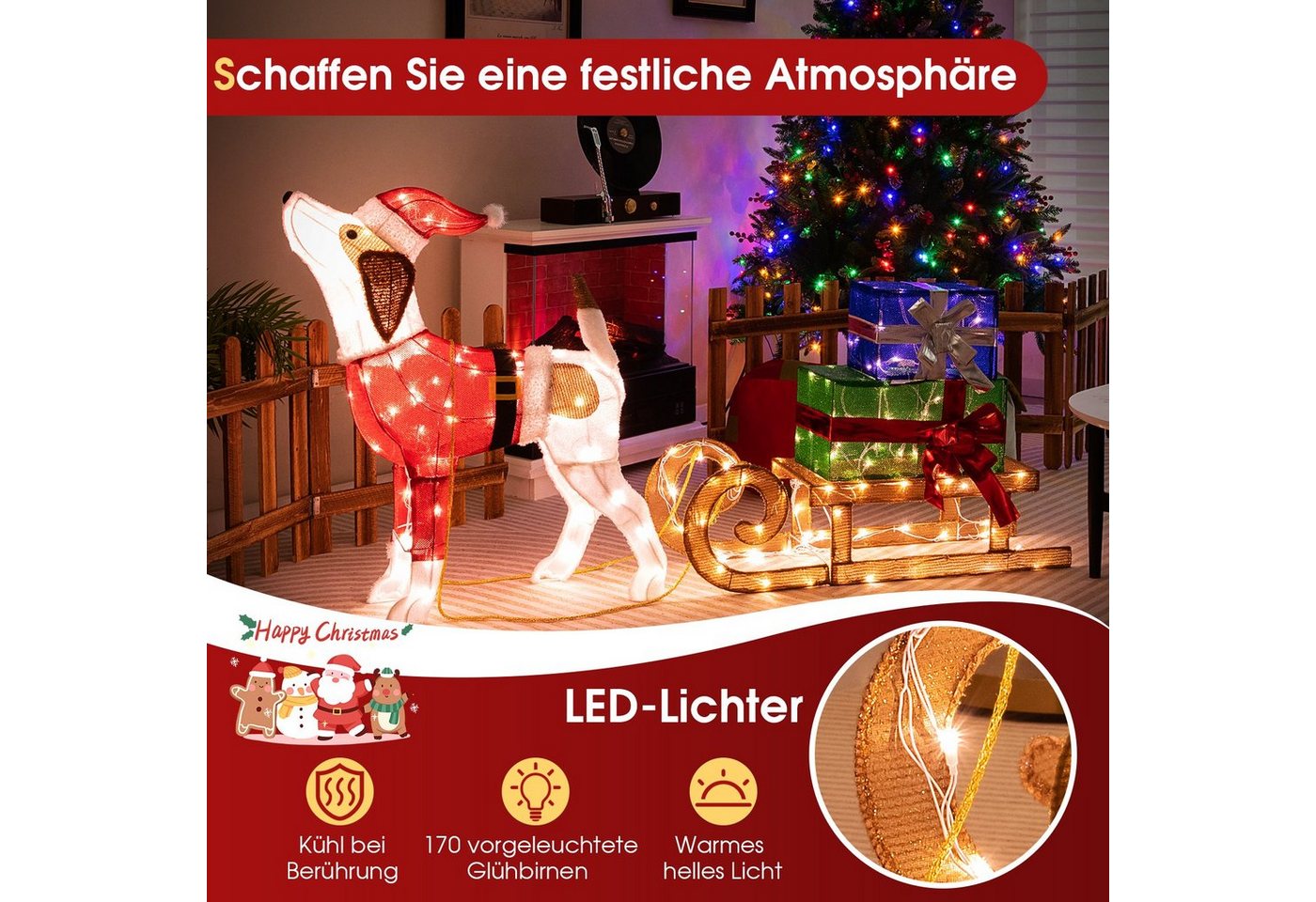 COSTWAY Weihnachtsfigur, mit Schlitten & Geschenkboxen, mit 170 LED-Lichtern – Bild 4 von 5