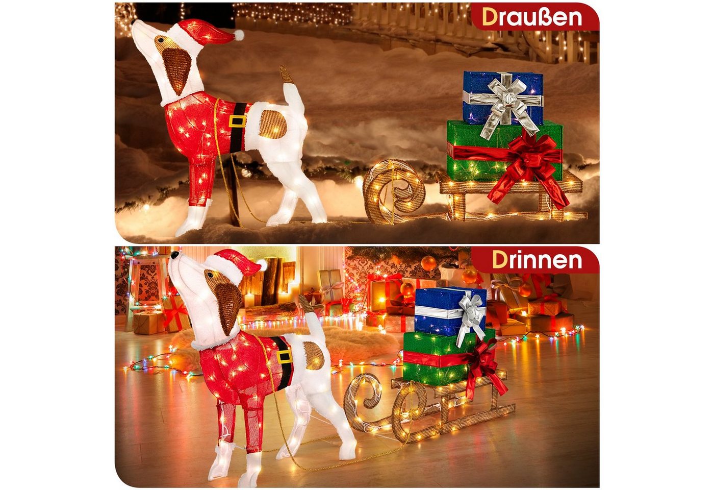 COSTWAY Weihnachtsfigur, mit Schlitten & Geschenkboxen, mit 170 LED-Lichtern – Bild 5 von 5
