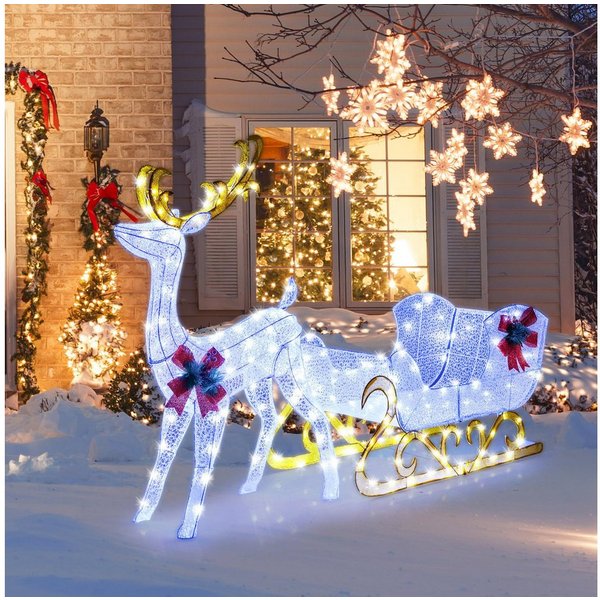 COSTWAY Weihnachtsfigur, LED-Rentier mit Schlitten, Weihnachtsdeko, kaltweiß