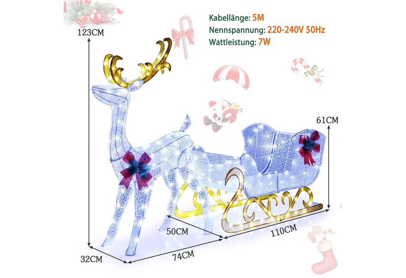 COSTWAY Weihnachtsfigur, LED-Rentier mit Schlitten, Weihnachtsdeko, kaltweiß – Bild 2 von 5