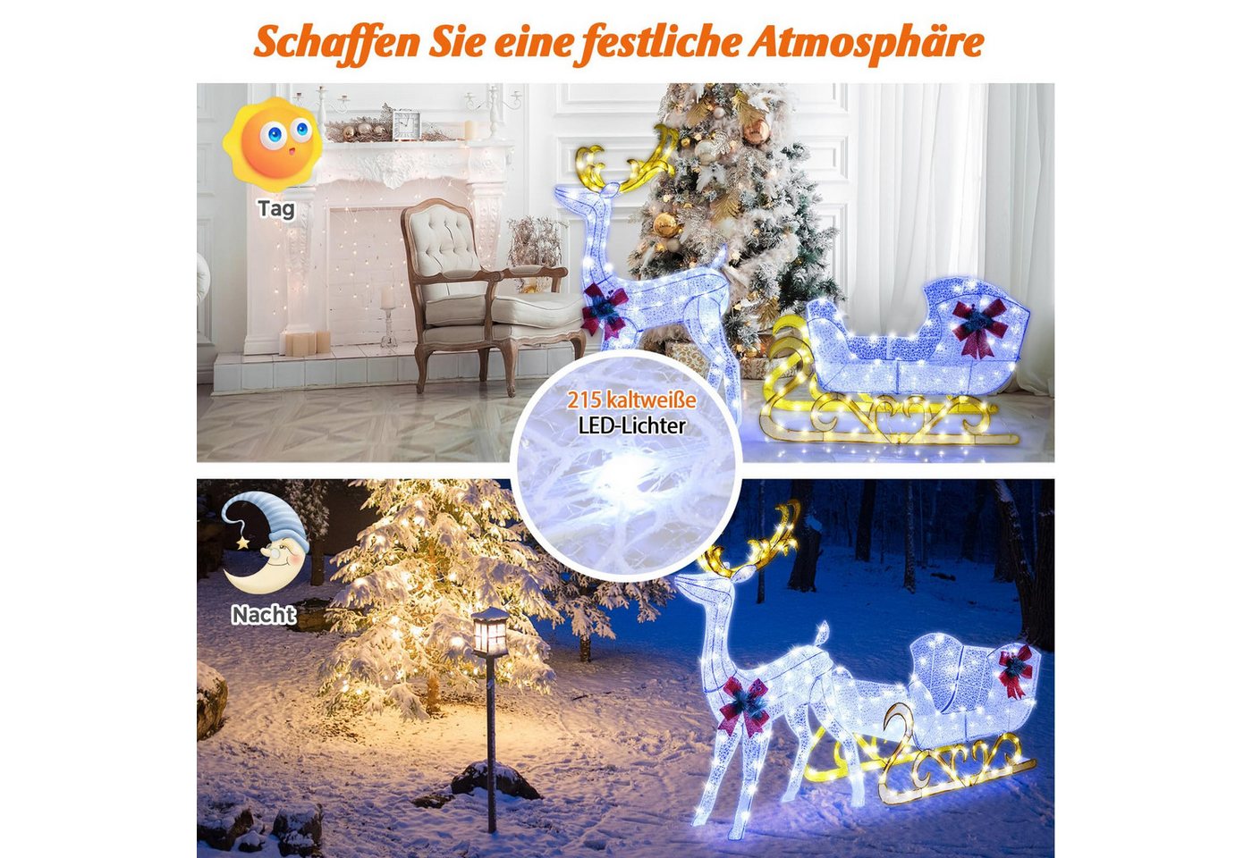 COSTWAY Weihnachtsfigur, LED-Rentier mit Schlitten, Weihnachtsdeko, kaltweiß – Bild 3 von 5