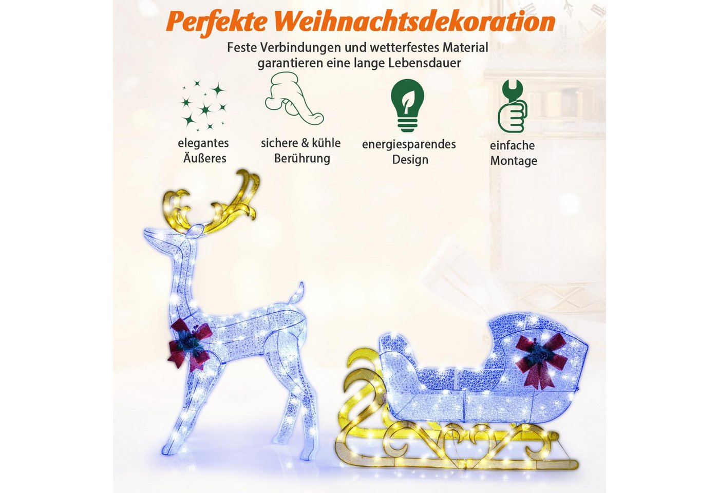 COSTWAY Weihnachtsfigur, LED-Rentier mit Schlitten, Weihnachtsdeko, kaltweiß – Bild 4 von 5