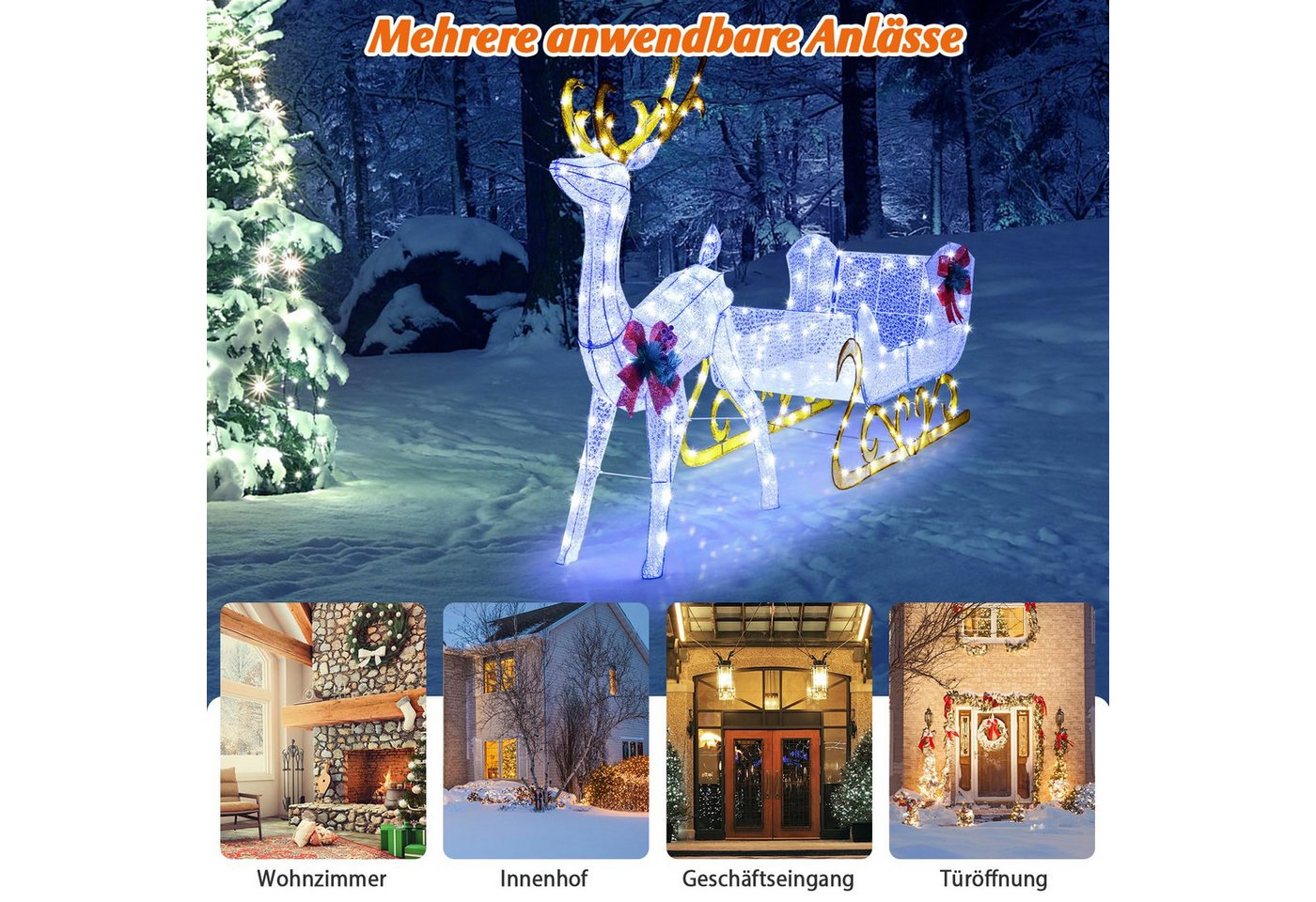 COSTWAY Weihnachtsfigur, LED-Rentier mit Schlitten, Weihnachtsdeko, kaltweiß – Bild 5 von 5