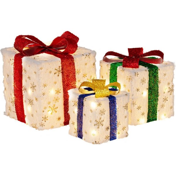 COSTWAY Weihnachtsfigur, 3er Set Geschenkboxen mit 48 warmweiß LEDs & Timer