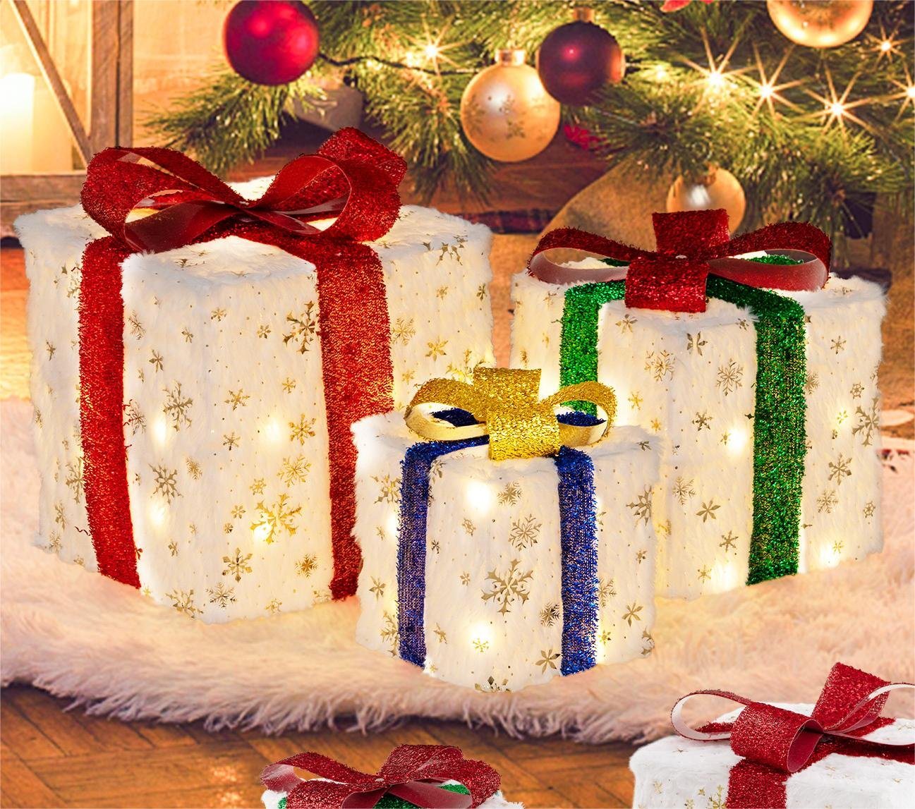 COSTWAY Weihnachtsfigur, 3er Set Geschenkboxen mit 48 warmweiß LEDs & Timer – Bild 2 von 5