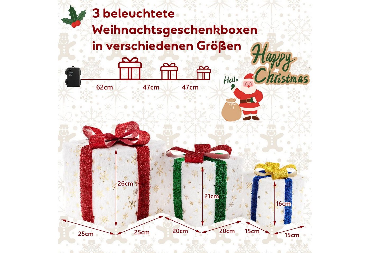 COSTWAY Weihnachtsfigur, 3er Set Geschenkboxen mit 48 warmweiß LEDs & Timer – Bild 3 von 5