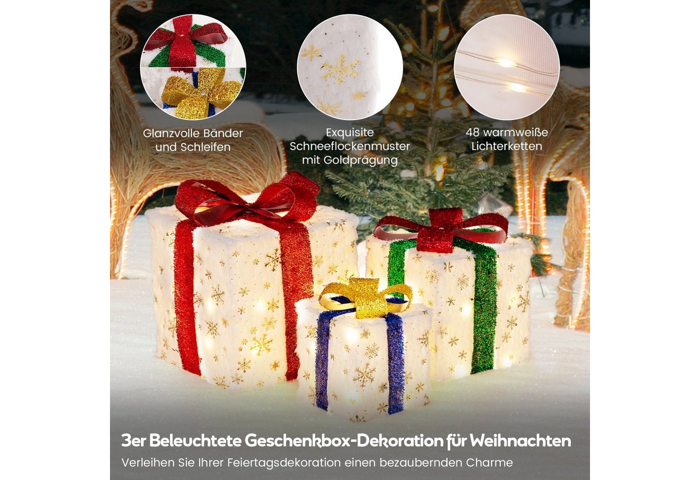 COSTWAY Weihnachtsfigur, 3er Set Geschenkboxen mit 48 warmweiß LEDs & Timer – Bild 4 von 5