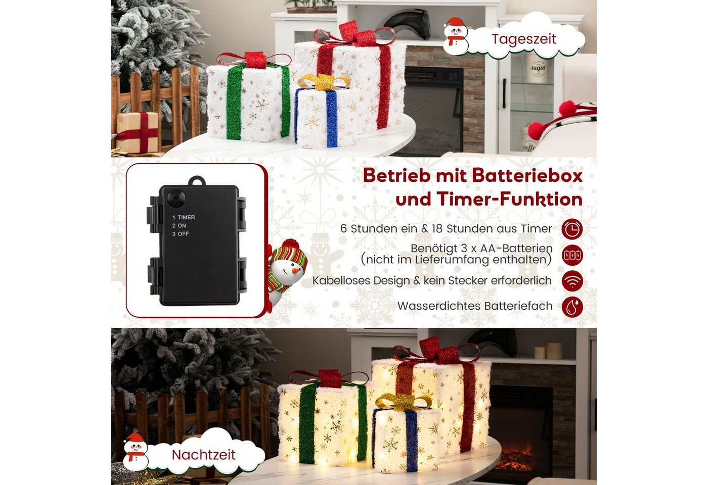 COSTWAY Weihnachtsfigur, 3er Set Geschenkboxen mit 48 warmweiß LEDs & Timer – Bild 5 von 5