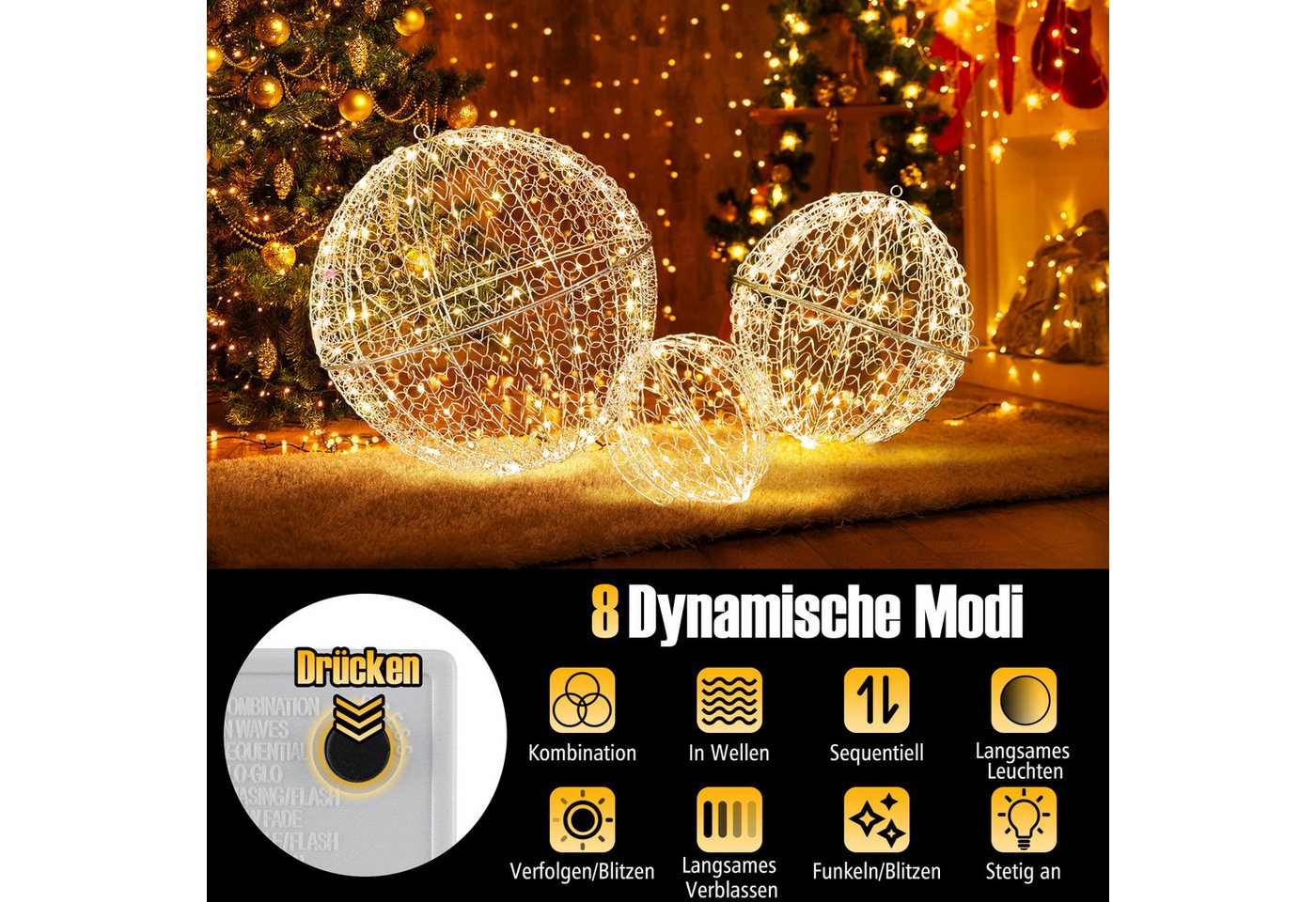 COSTWAY Weihnachtsfigur (3 St), LED Dekokugel, Weihnachtsdeko, zum Hinhängen & Hinstellen – Bild 3 von 5