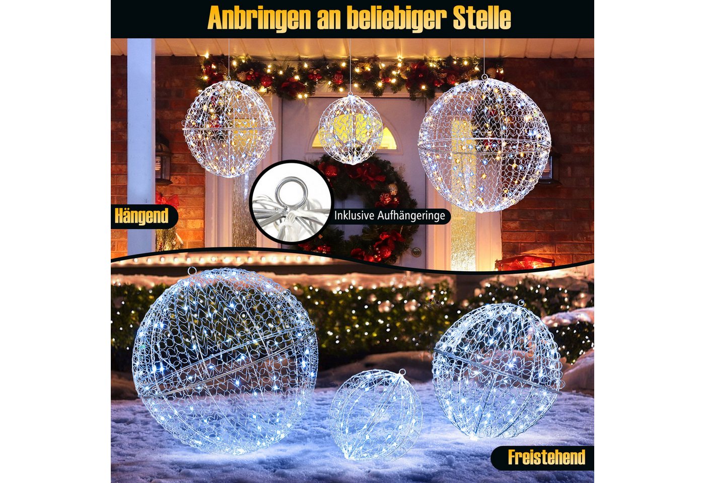COSTWAY Weihnachtsfigur (3 St), LED Dekokugel, Weihnachtsdeko, zum Hinhängen & Hinstellen – Bild 4 von 5